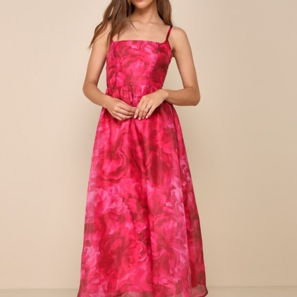 Lulus Dresses & Skirts - Lulus Darling Icon Dark Pink Floral Organza Lace-up Midi Dress - Size L